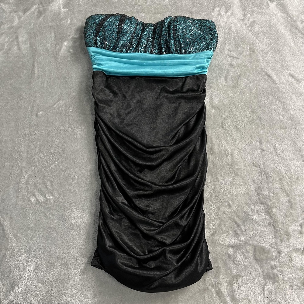 VTG Y2K Speechless Dress Small Black Teal Sequin Strapless Ruched Bodycon Party